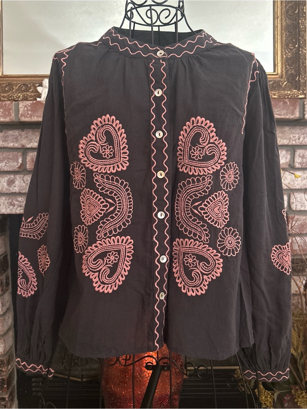 Renatta & Go Women’s Brown Pink Embroidered Button Up Casual Blouse
